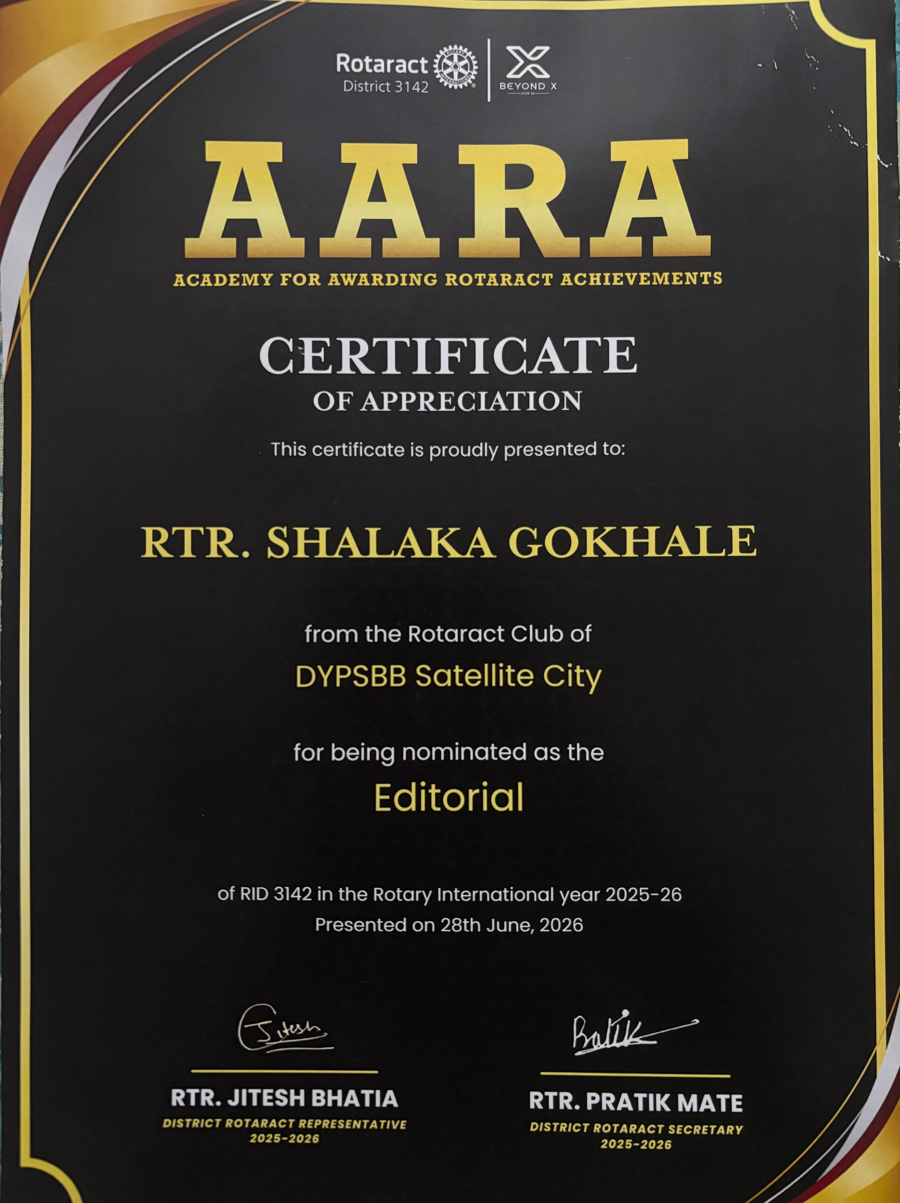 Shalaka Gokhale Recognised for Editorial Contributions During Rotary Year 2025–26